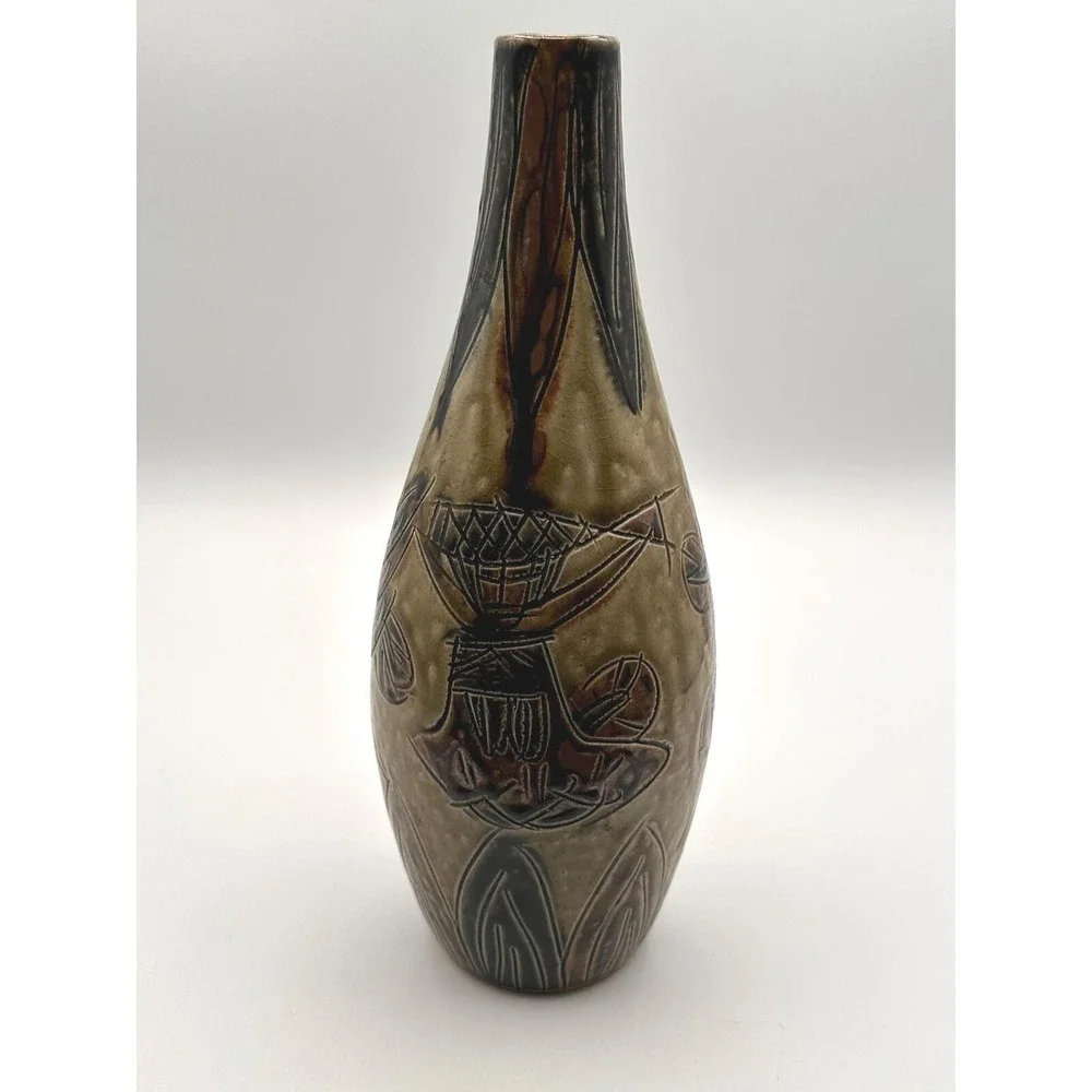Vintage Otagiri OMC Japan Pottery Vase Abstract Bird Flower Design